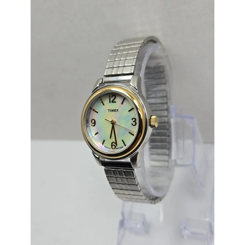 Timex T2N842 Elevated Classics MOP Indiglo 50M Two Tone Analog Watch New Battery